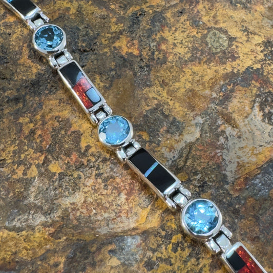 David Rosales Red Moon Inlaid Sterling Silver Link Bracelet w/ Blue Topaz