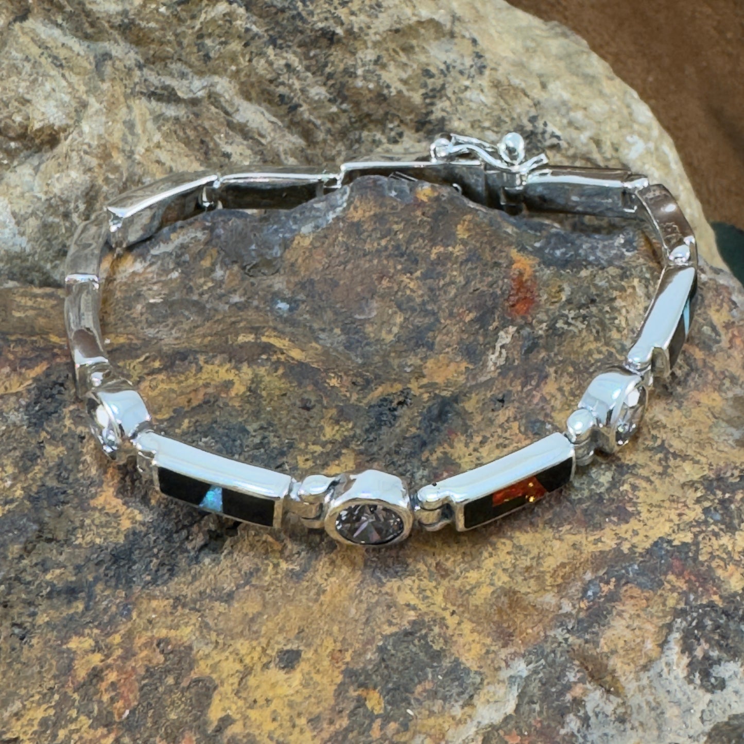 David Rosales Red Moon Inlaid Sterling Silver Link Bracelet w/ Cubic Zirconia