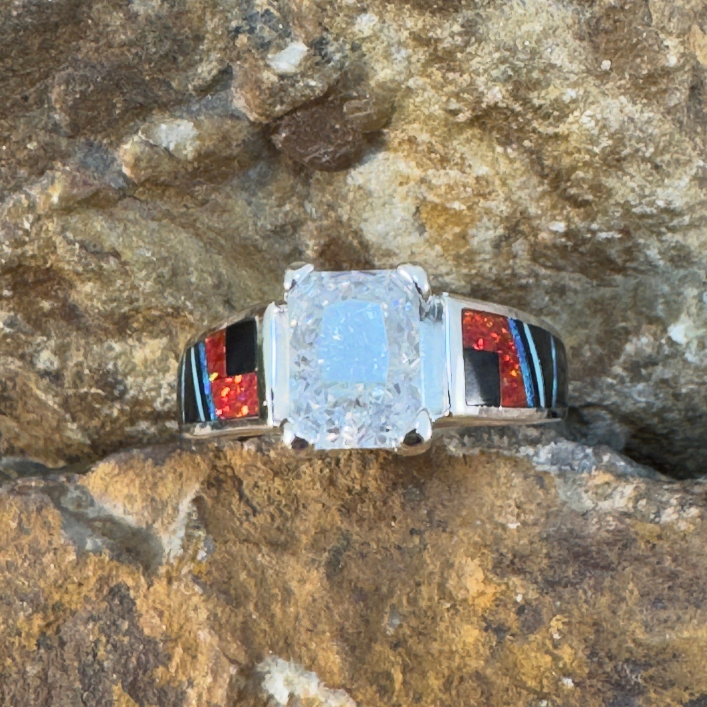 David Rosales Red Moon Inlaid Sterling Silver Ring w/ Cubic Zirconia