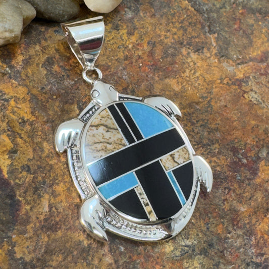 David Rosales Turquoise Creek Inlaid Sterling Silver Pendant Turtle