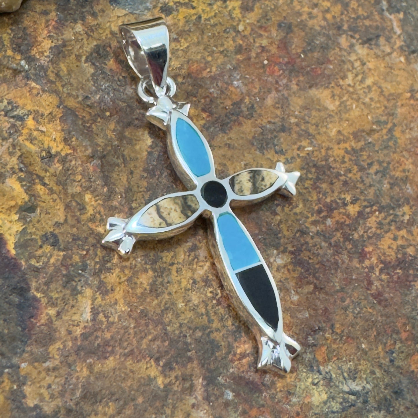 David Rosales Turquoise Creek Inlaid Sterling Silver Pendant Cross