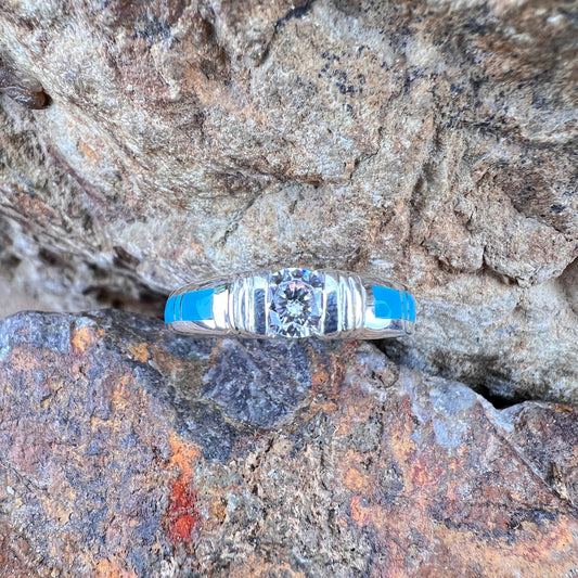 David Rosales Arizona Blue Inlaid Sterling Silver Ring Clear Cubic Zirconia