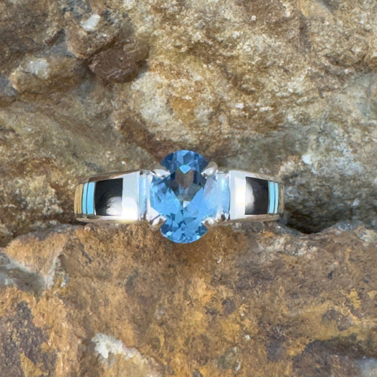 David Rosales Turquoise Creek Inlaid Sterling Silver Ring w/ Blue Topaz