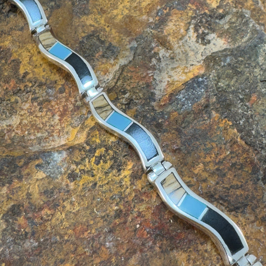 David Rosales Turquoise Creek Inlaid Sterling Silver Wavy Link Bracelet