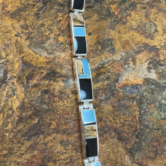 David Rosales Turquoise Creek Inlaid Sterling Silver Big Link Bracelet