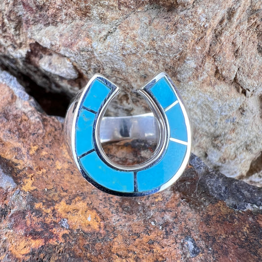 David Rosales Arizona Blue Horseshoe Inlaid Sterling Silver Ring