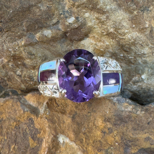 David Rosales Shalako Fancy Inlaid Sterling Silver Ring w/ Amethyst