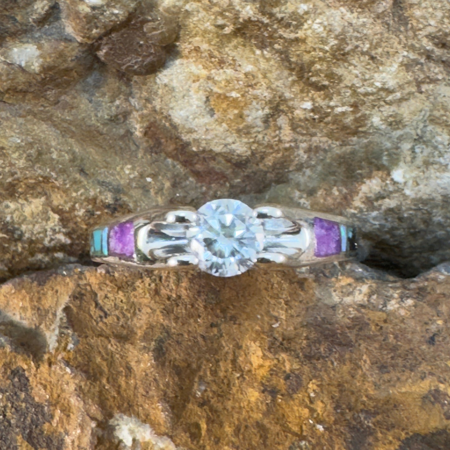 David Rosales Shalako Inlaid Sterling Silver Ring w/ Cubic Zirconia