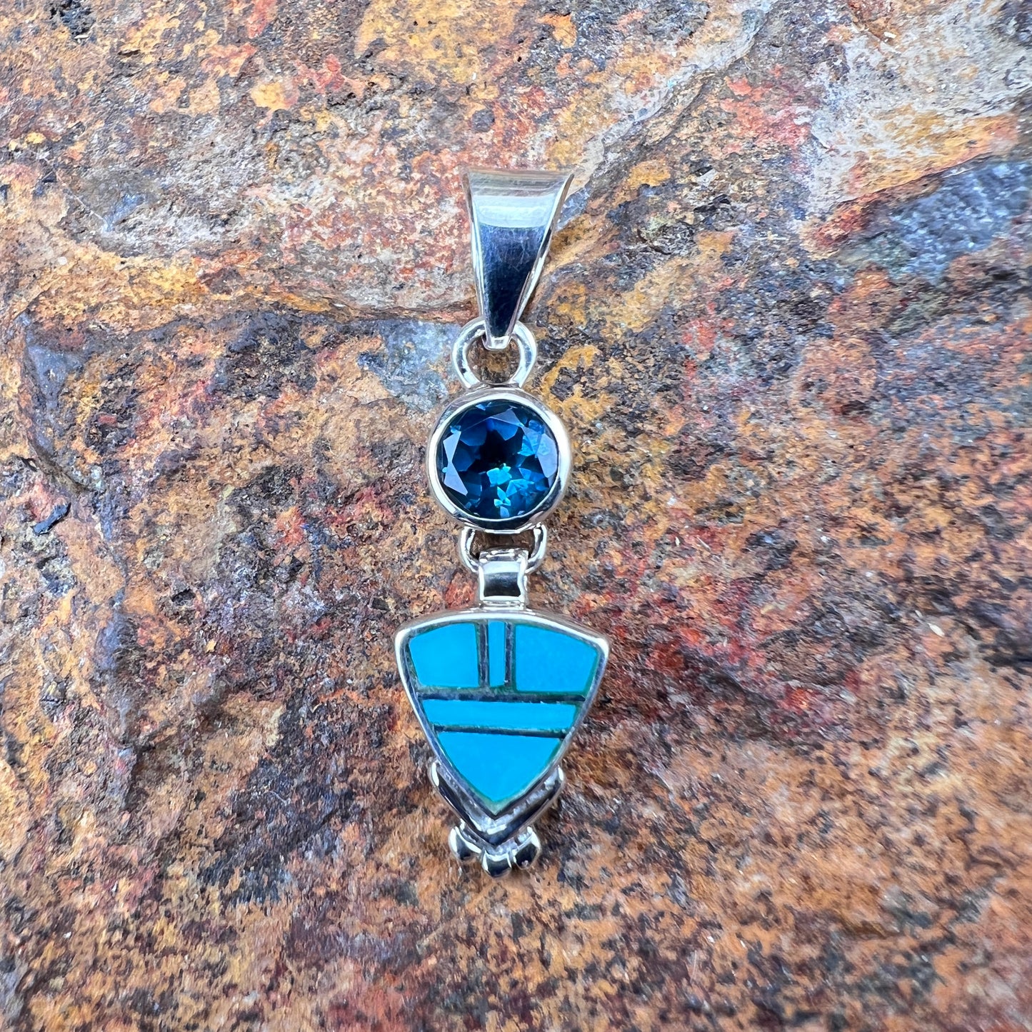 David Rosales Arizona Blue Turquoise Inlaid Sterling Silver Pendant