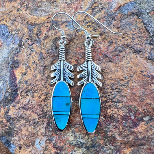 David Rosales Arizona Blue Inlaid Sterling Silver Earrings Feathers