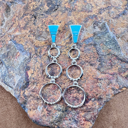 David Rosales Arizona Blue Turquoise Inlaid Sterling Silver Earrings Hoops
