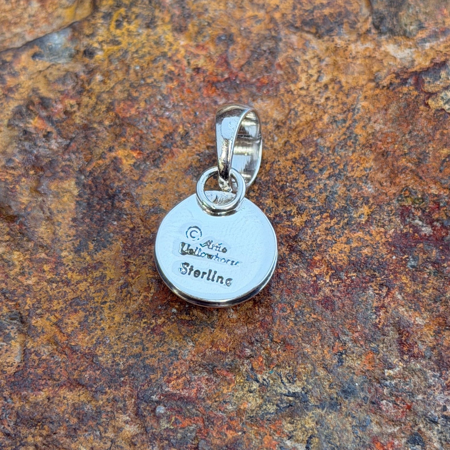 Sterling Silver Freshwater Pearl Pendant by Artie Yellowhorse - reverse showing Artie Yellowhorse Sterling hallmark stamp