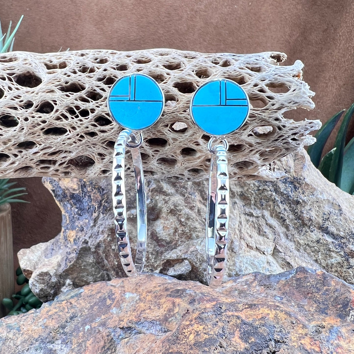 David Rosales Arizona Blue Inlaid Sterling Silver Earrings Hoops