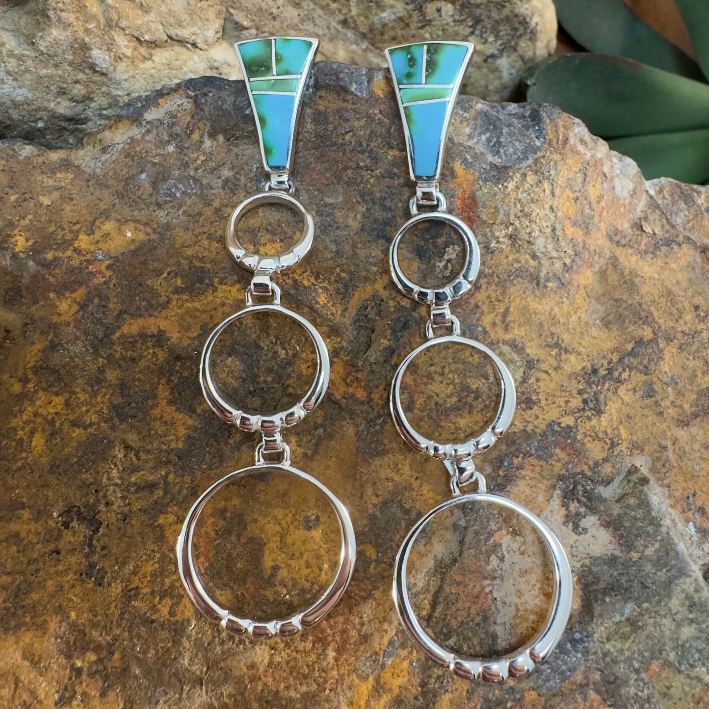 David Rosales Sonoran Gold Turquoise Inlaid Sterling Silver Earrings Hoops