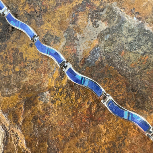David Rosales Blue Sky Inlaid Sterling Silver Link Bracelet Wavy