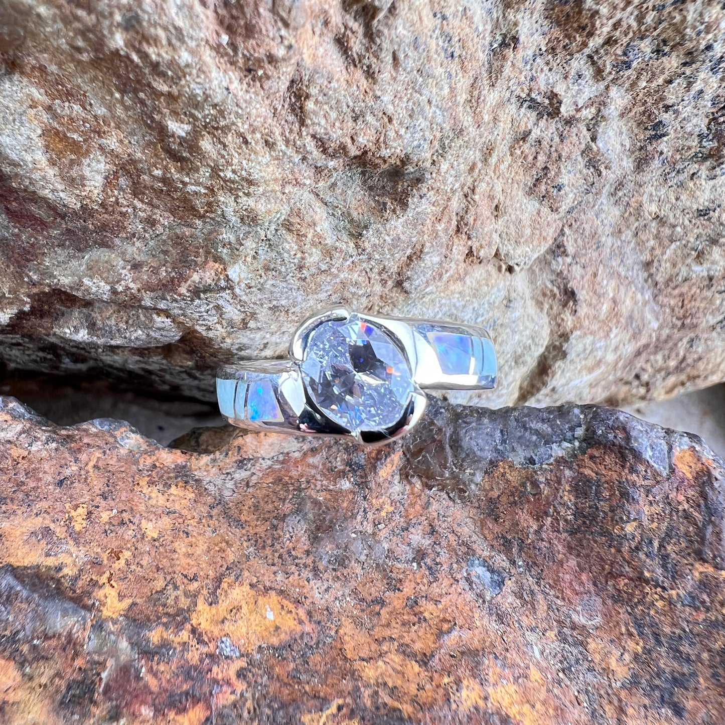 David Rosales Amazing Light Inlaid Sterling Silver Ring w/ Cubic Zirconia