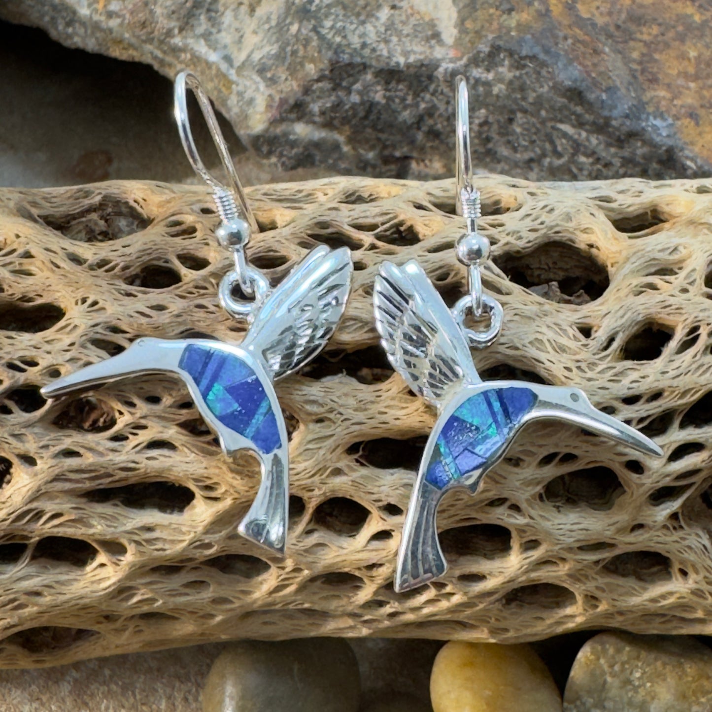 David Rosales Blue Sky Inlaid Sterling Silver Earrings Hummingbird