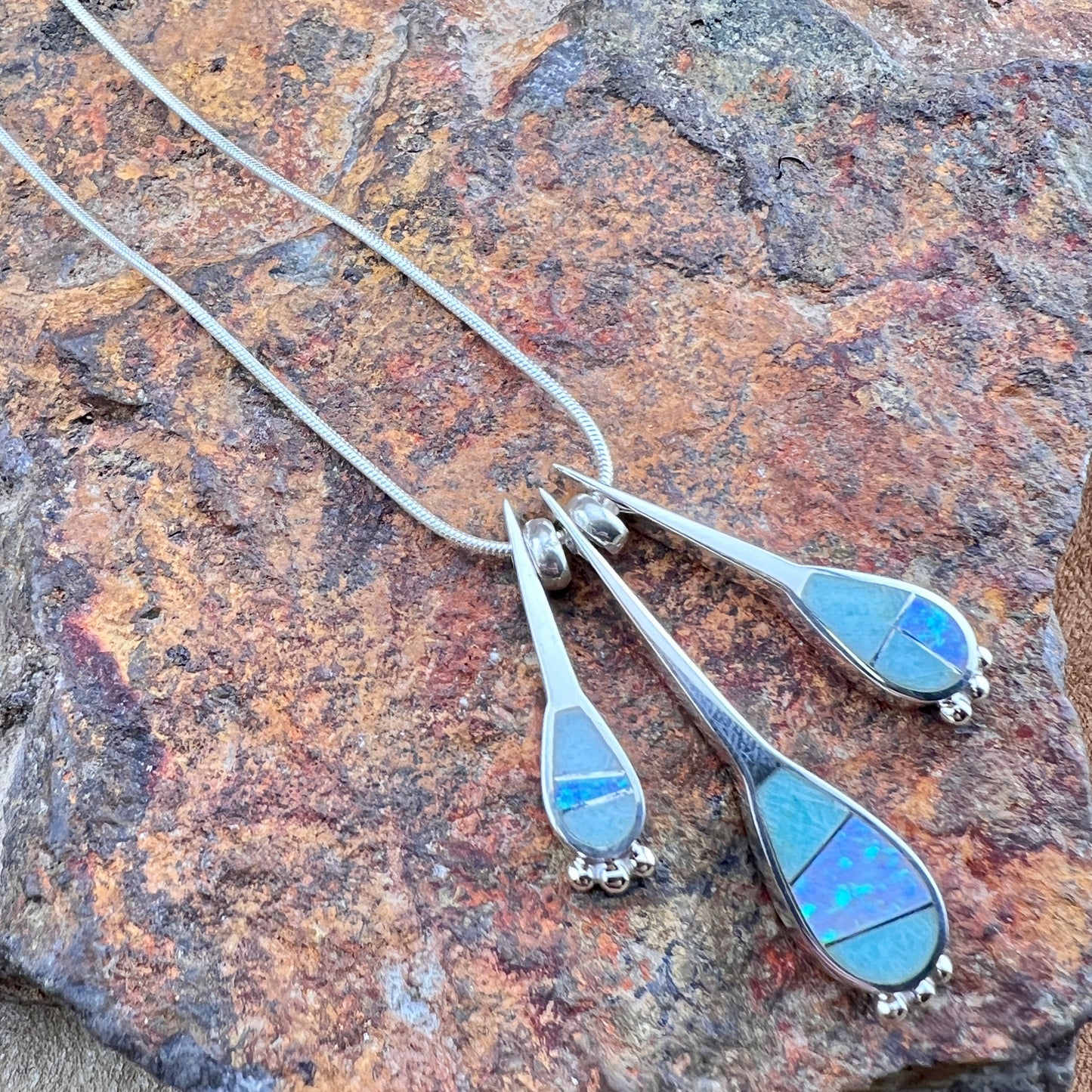 David Rosales Amazing Light Inlaid Sterling Silver Three Drop Pendant Necklace