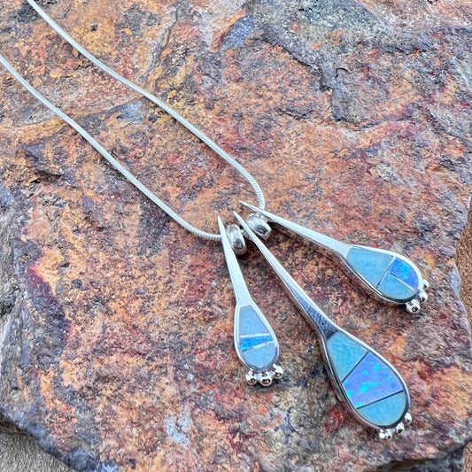 David Rosales Amazing Light Inlaid Sterling Silver Three Drop Pendant Necklace