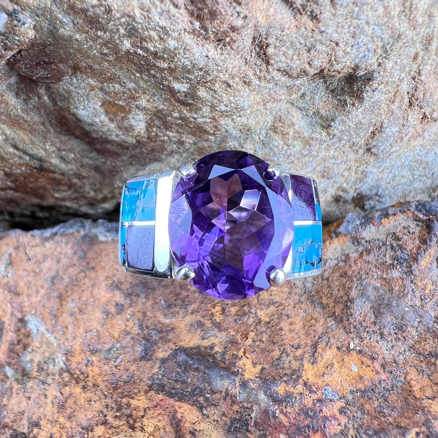 David Rosales Shalako Inlaid Sterling Silver Ring w/ Amethyst
