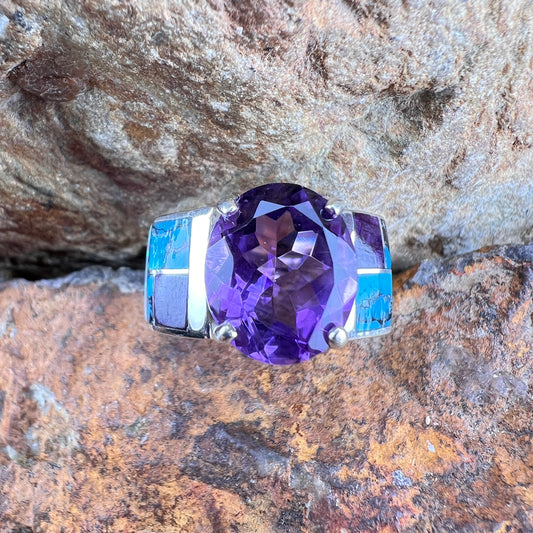 David Rosales Shalako Inlaid Sterling Silver Ring w/ Amethyst