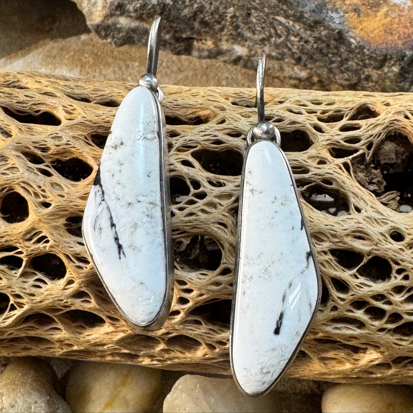 White Buffalo Long Drop Earrings in Sterling Silver by Loretta Delgarito