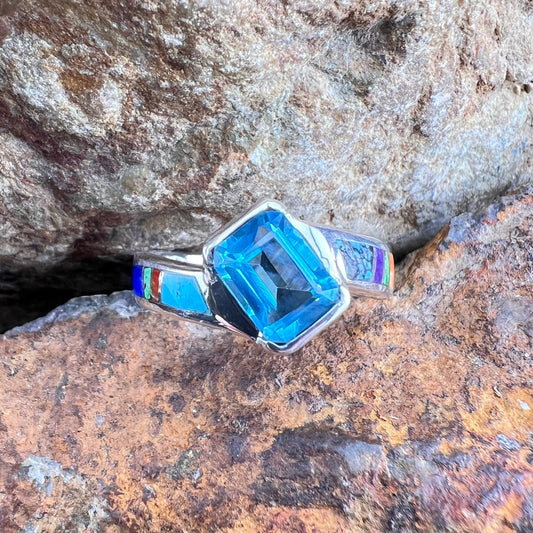 David Rosales Indian Summer Inlaid Sterling Silver Ring w/ Blue Topaz