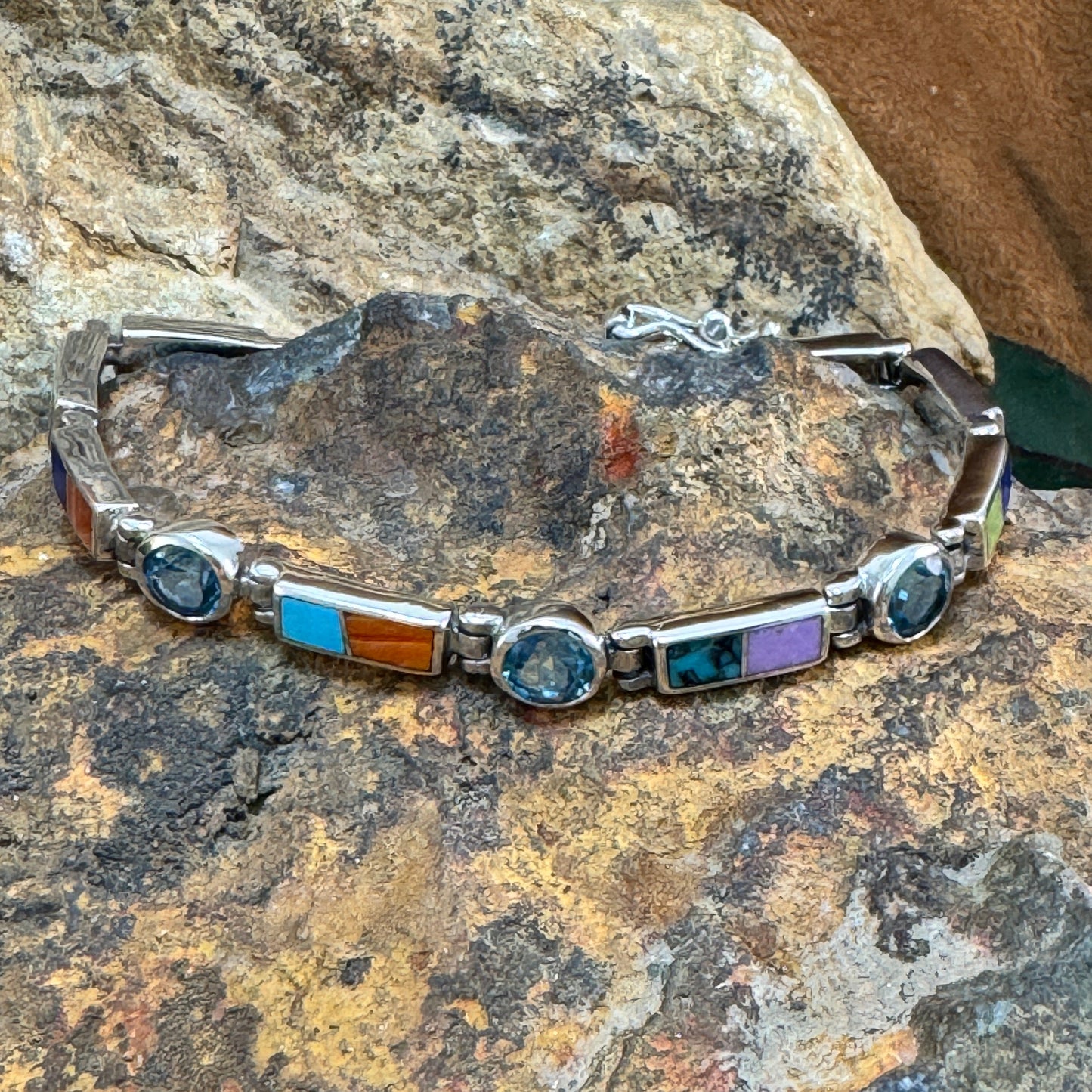 David Rosales Indian Summer Inlaid Sterling Silver Link Bracelet w/ Blue Topaz