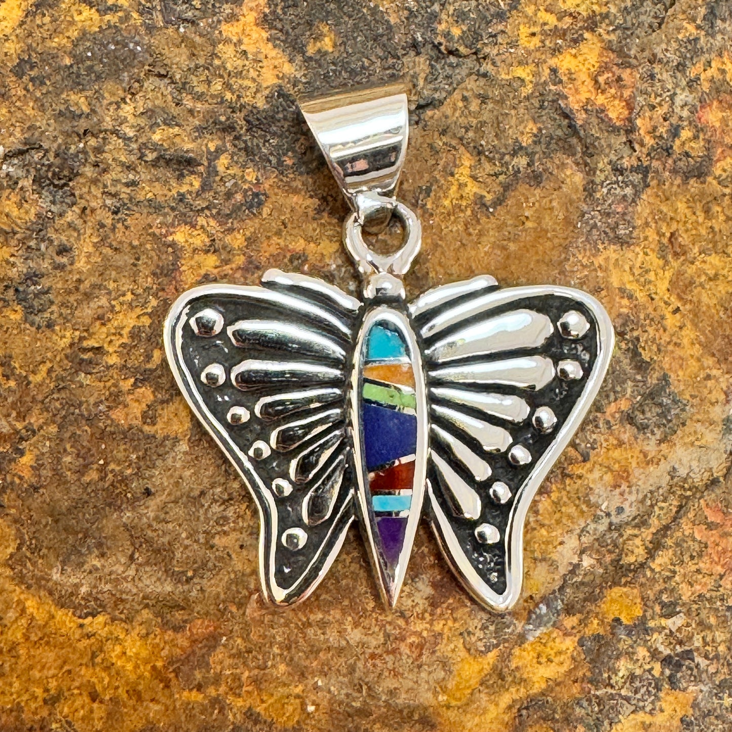 David Rosales Indian Summer Inlaid Sterling Silver Pendant Butterfly