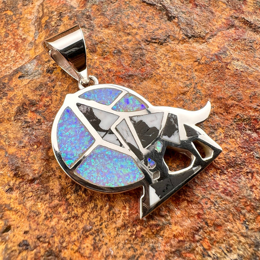 David Rosales White Buffalo Inlaid Sterling Silver Wolf Pendant w/ Cultured Opal