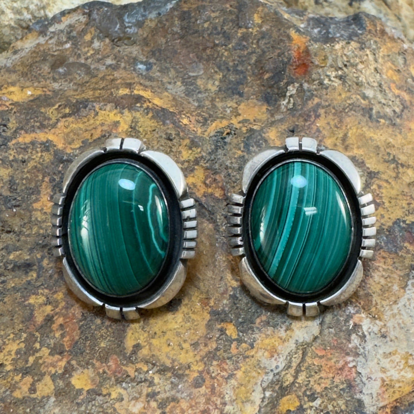Navajo Malachite Stud Earrings by Lon Willi (Sterling Silver) - Estate