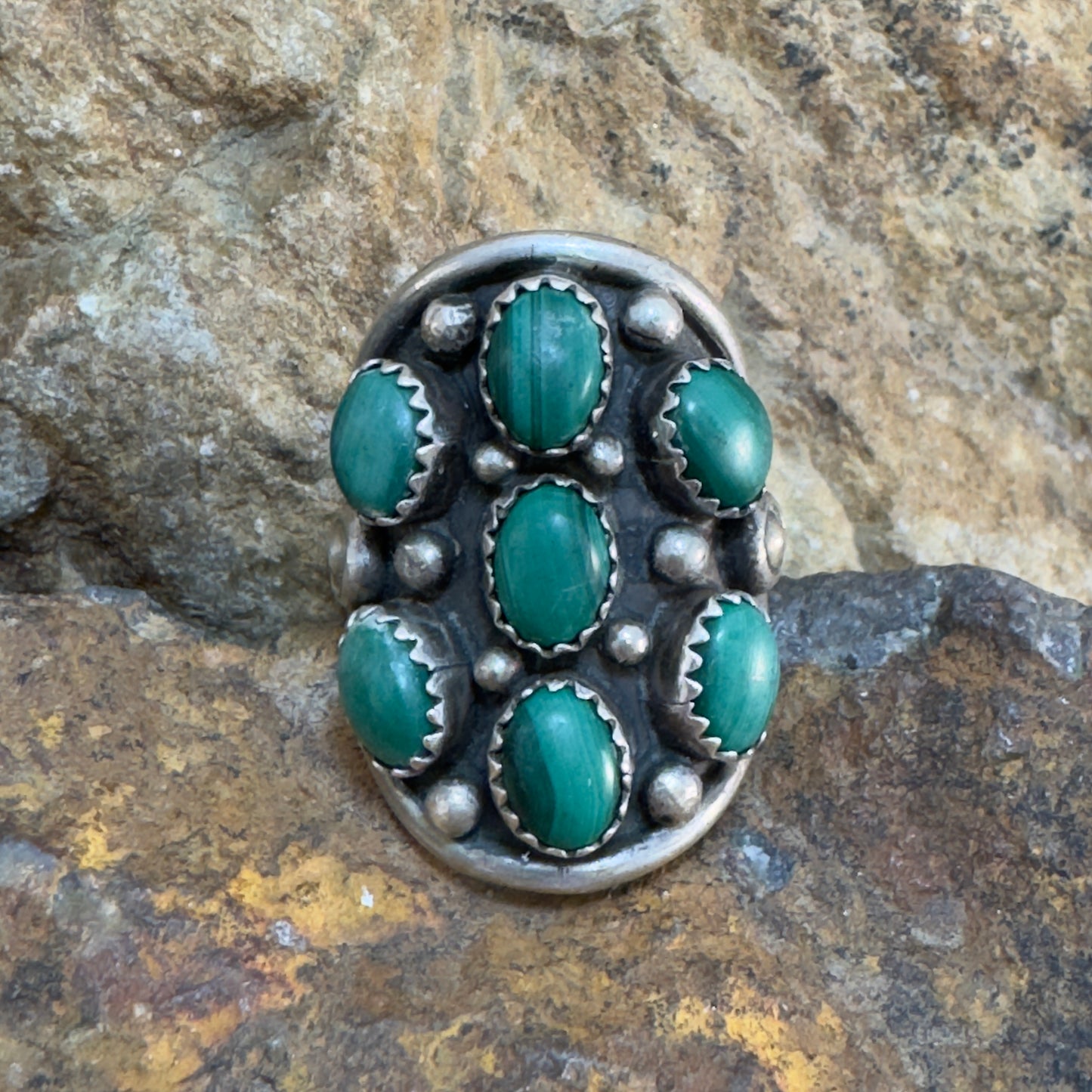 Vintage Navajo Malachite Cluster Ring | Signed "D" - Estate
