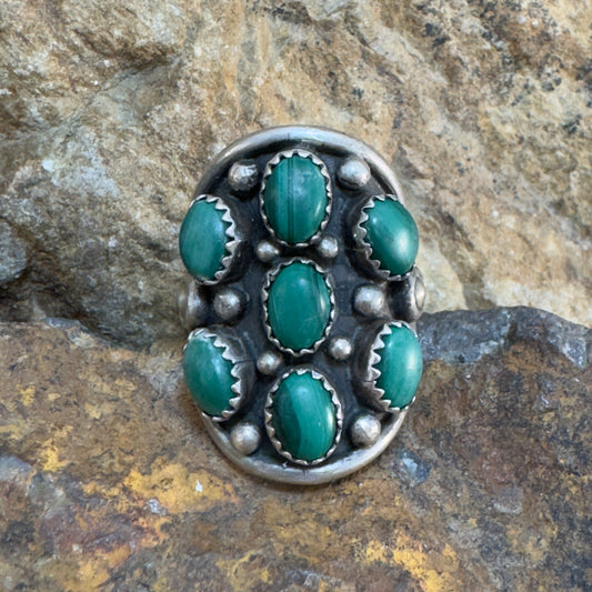 Vintage Navajo Malachite Cluster Ring | Signed "D" - Estate