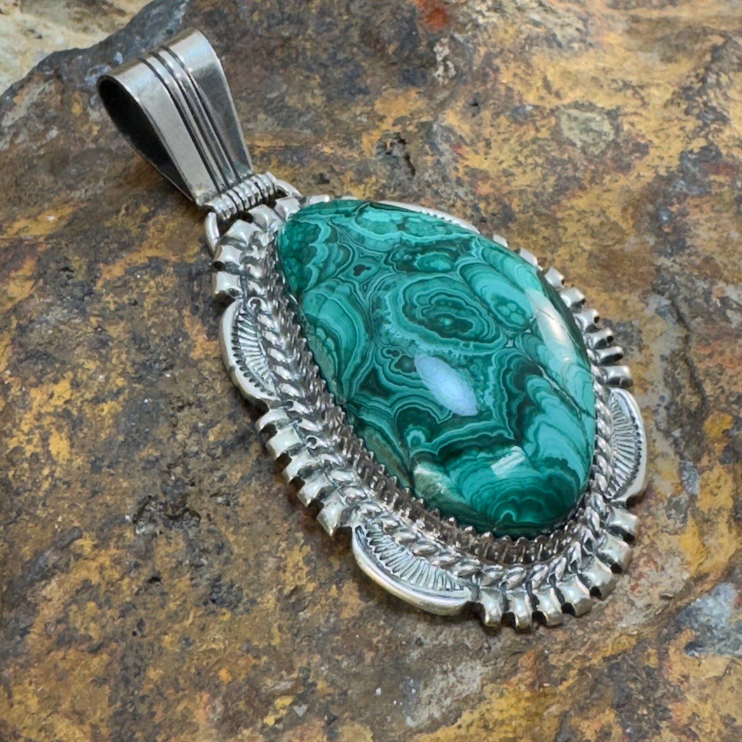 Vintage Sterling Silver and Malachite Pendant by Navajo Artist - Estate