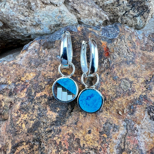 David Rosales Iron Spirit Fancy Inlaid Sterling Silver Huggie Drop Earrings