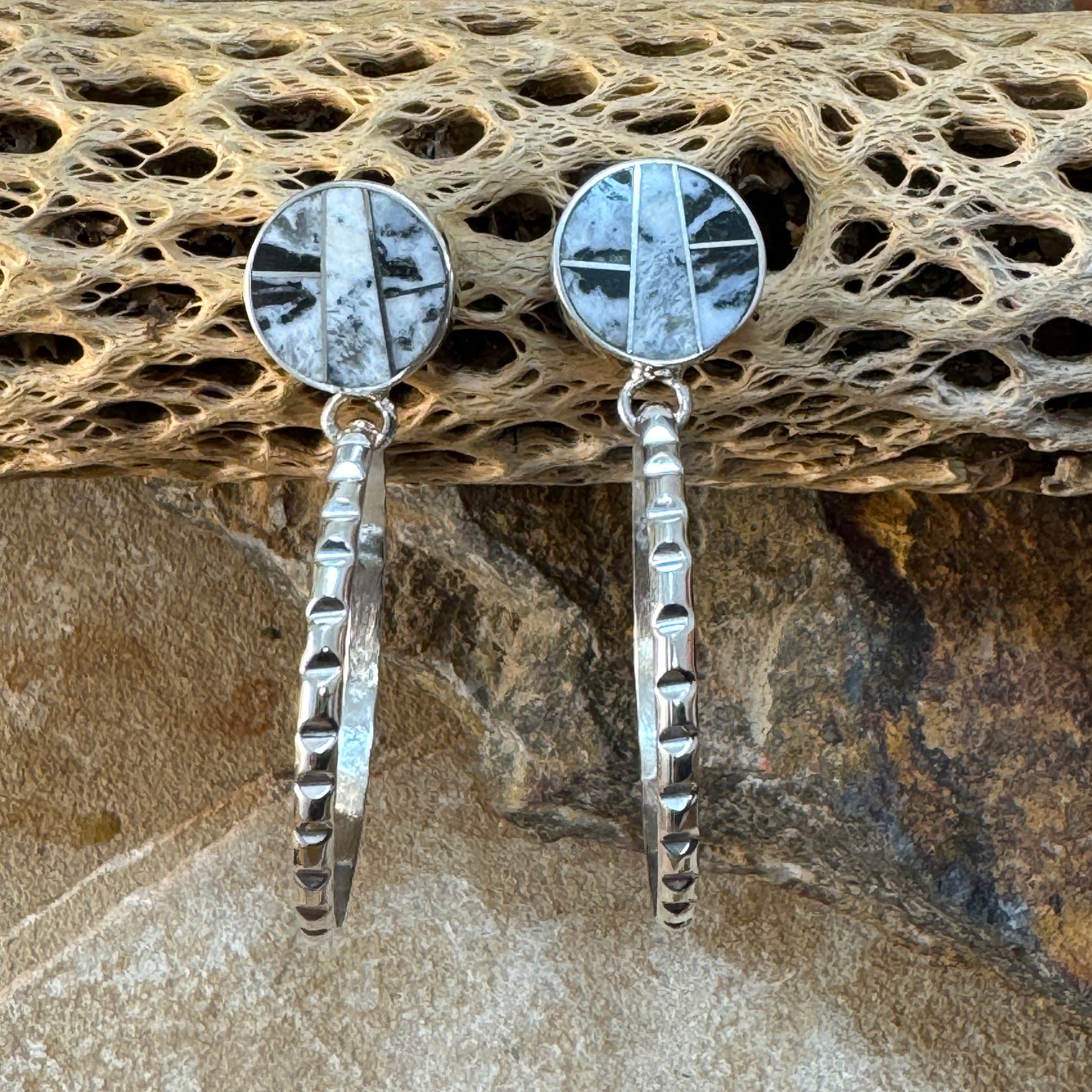 David Rosales White Buffalo Inlaid Sterling Silver Earrings Hoops