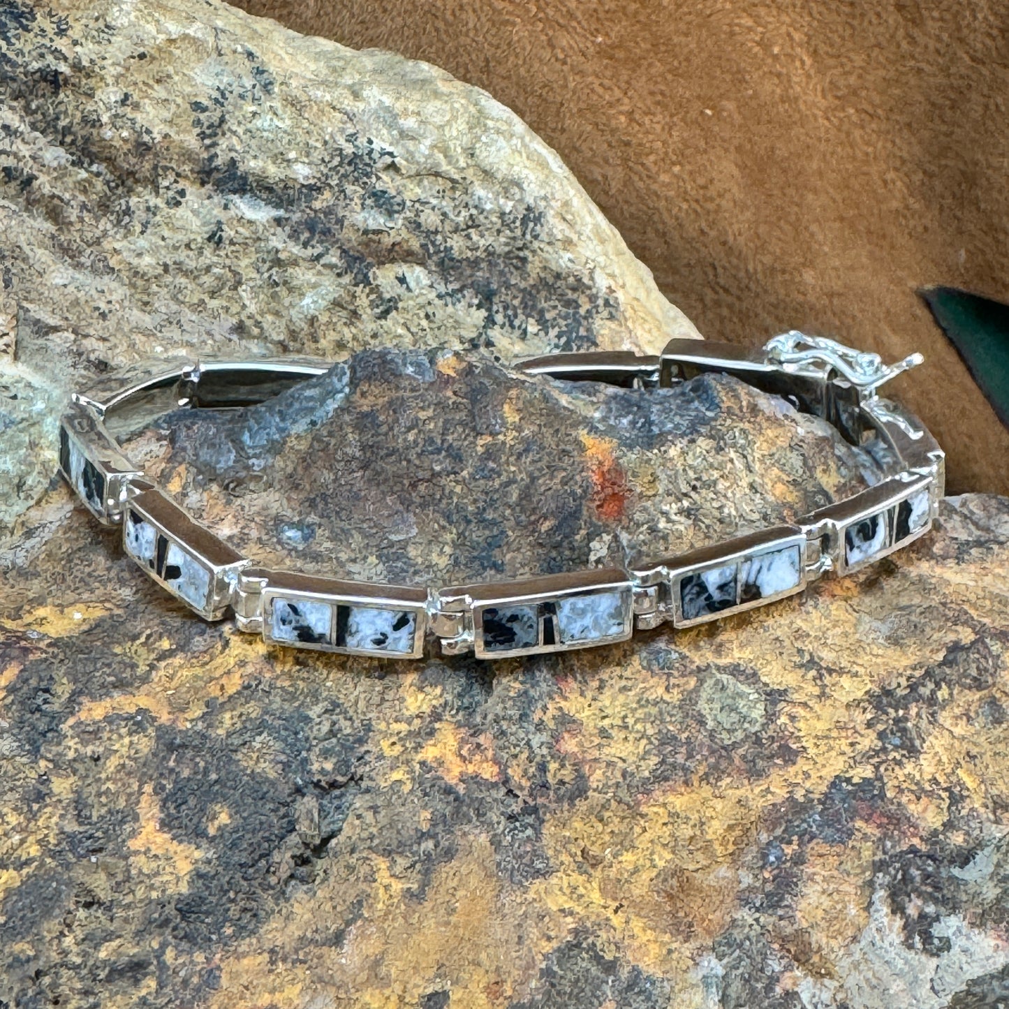 David Rosales White Buffalo Inlaid Sterling Silver Link Bracelet