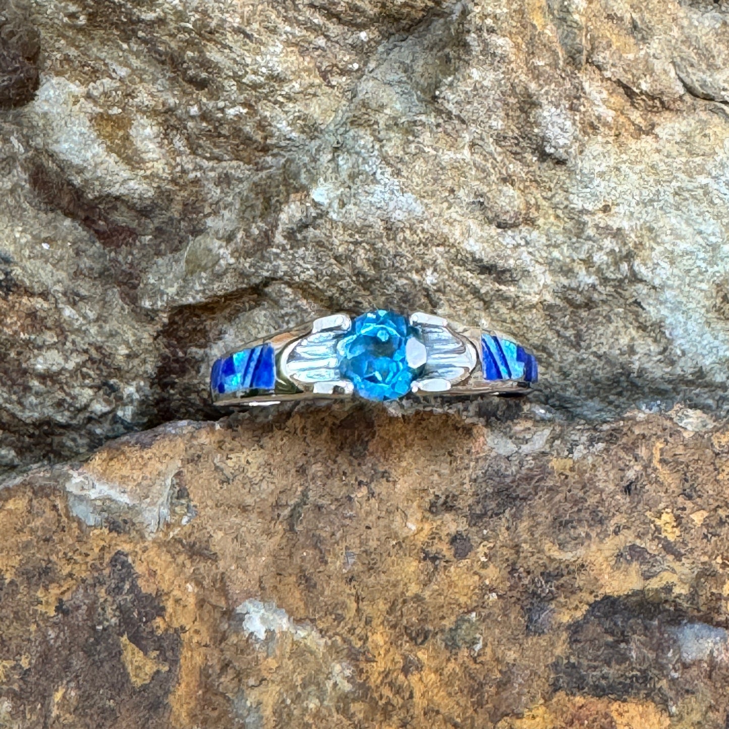 David Rosales Blue Sky Inlaid Sterling Silver Ring w/ Blue Topaz