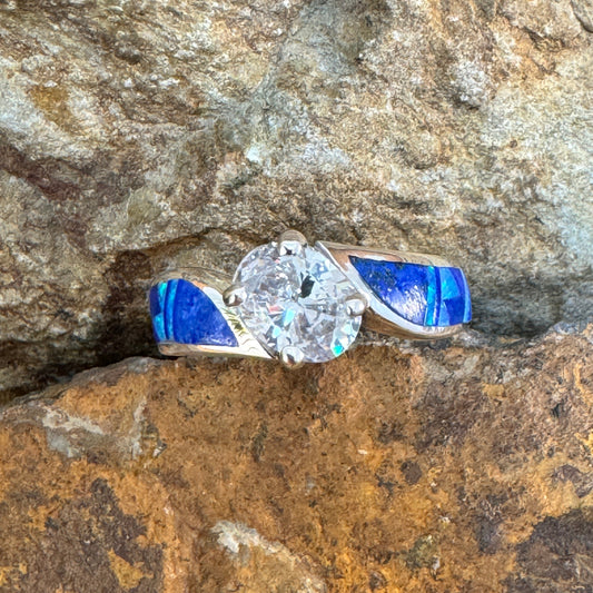 David Rosales Blue Sky Inlaid Sterling Silver Ring w/ Cubic Zirconia