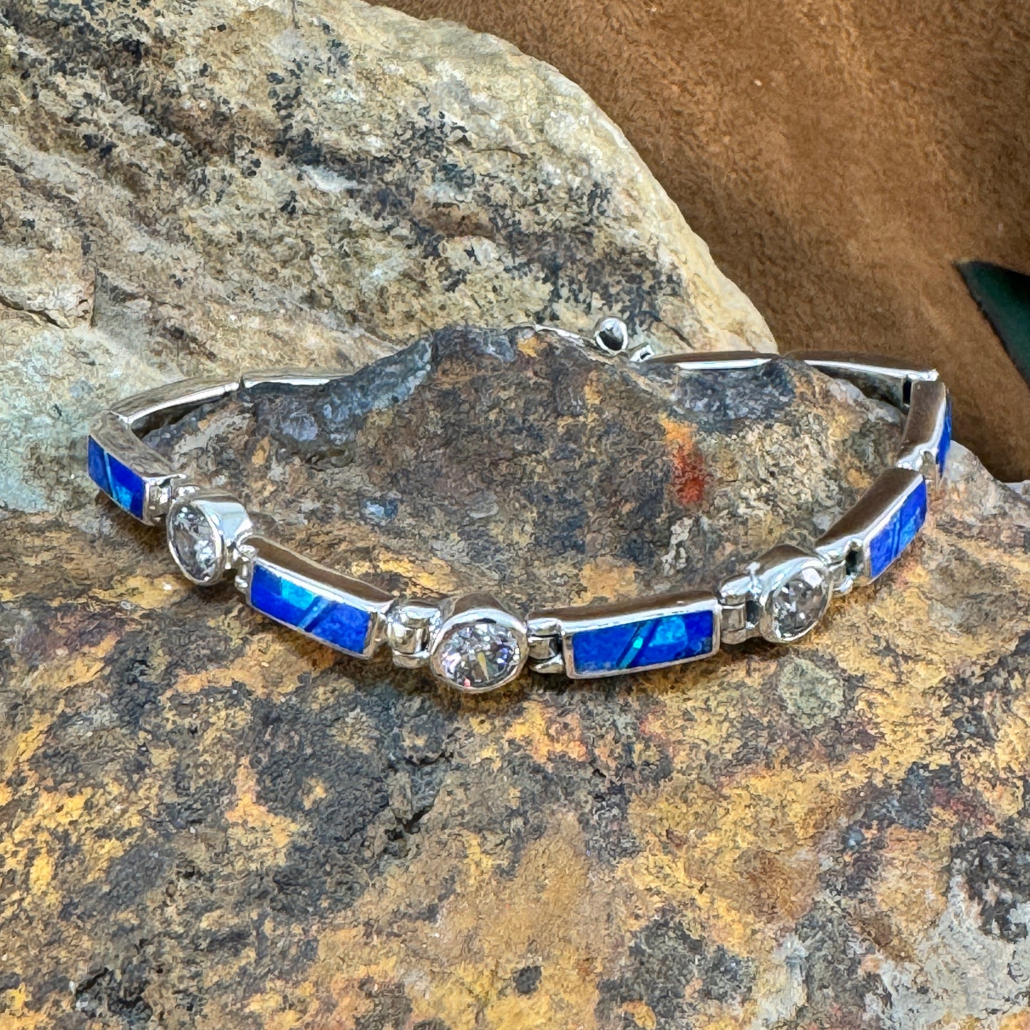 David Rosales Blue Sky Inlaid Sterling Silver Link Bracelet w/ Cubic Zirconia