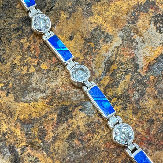 David Rosales Blue Sky Inlaid Sterling Silver Link Bracelet w/ Cubic Zirconia
