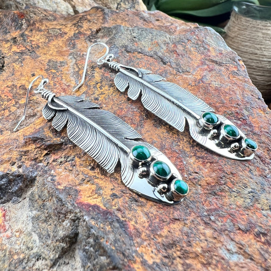 Dangle Malachite Feather Earrings by Ray Coriz