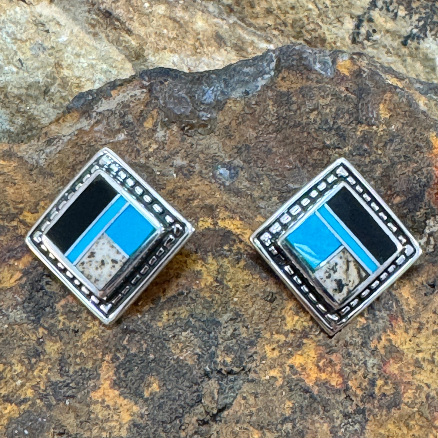David Rosales Turquoise Creek Inlaid Sterling Silver Earrings