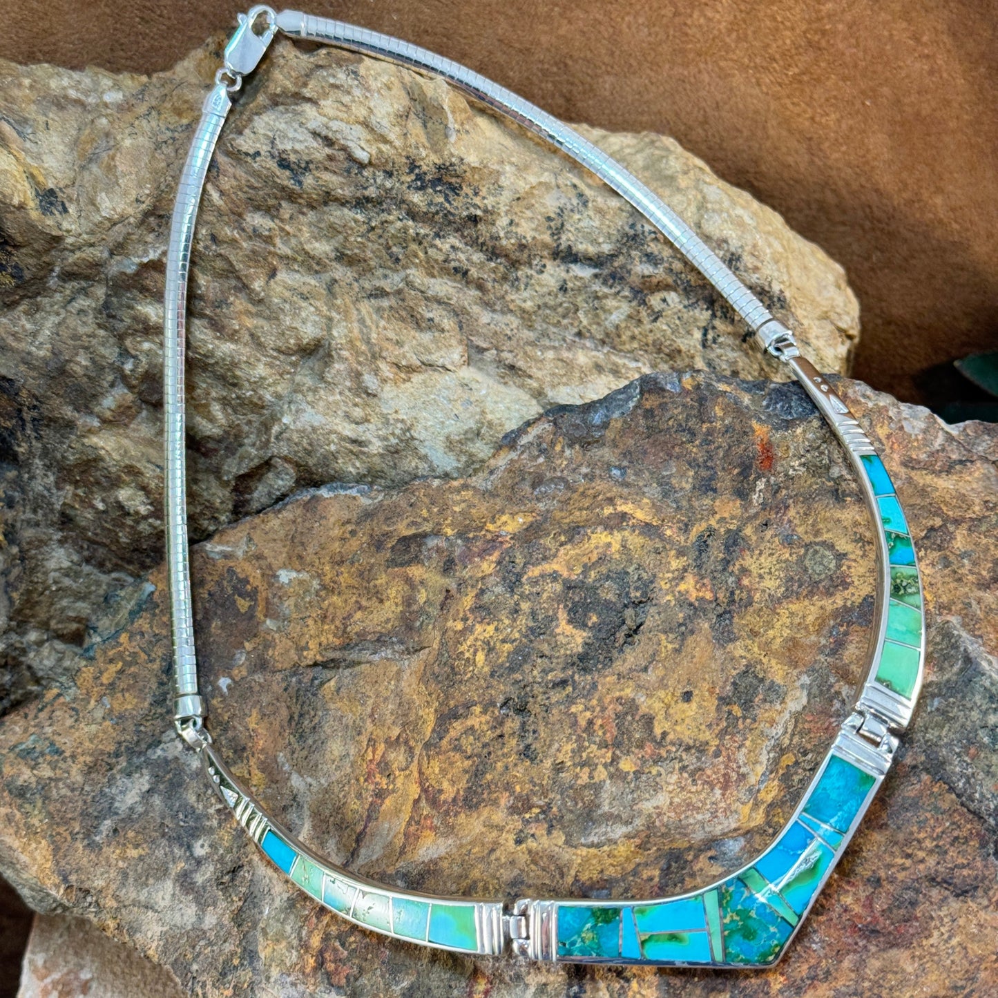 David Rosales Sonoran Gold Turquoise Inlaid Sterling Silver Necklace