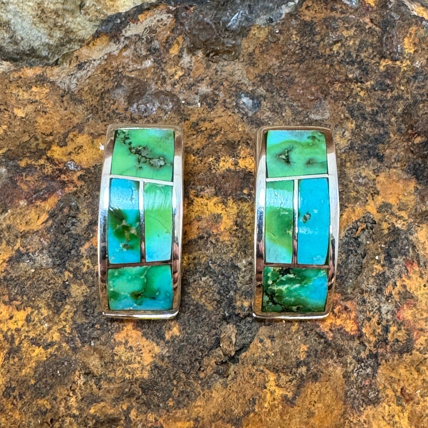 David Rosales Sonoran Gold Turquoise Inlaid Sterling Silver Earrings