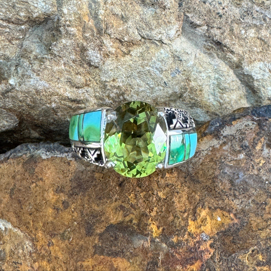 David Rosales Sonoran Gold Inlaid Sterling Silver Ring w/ Peridot