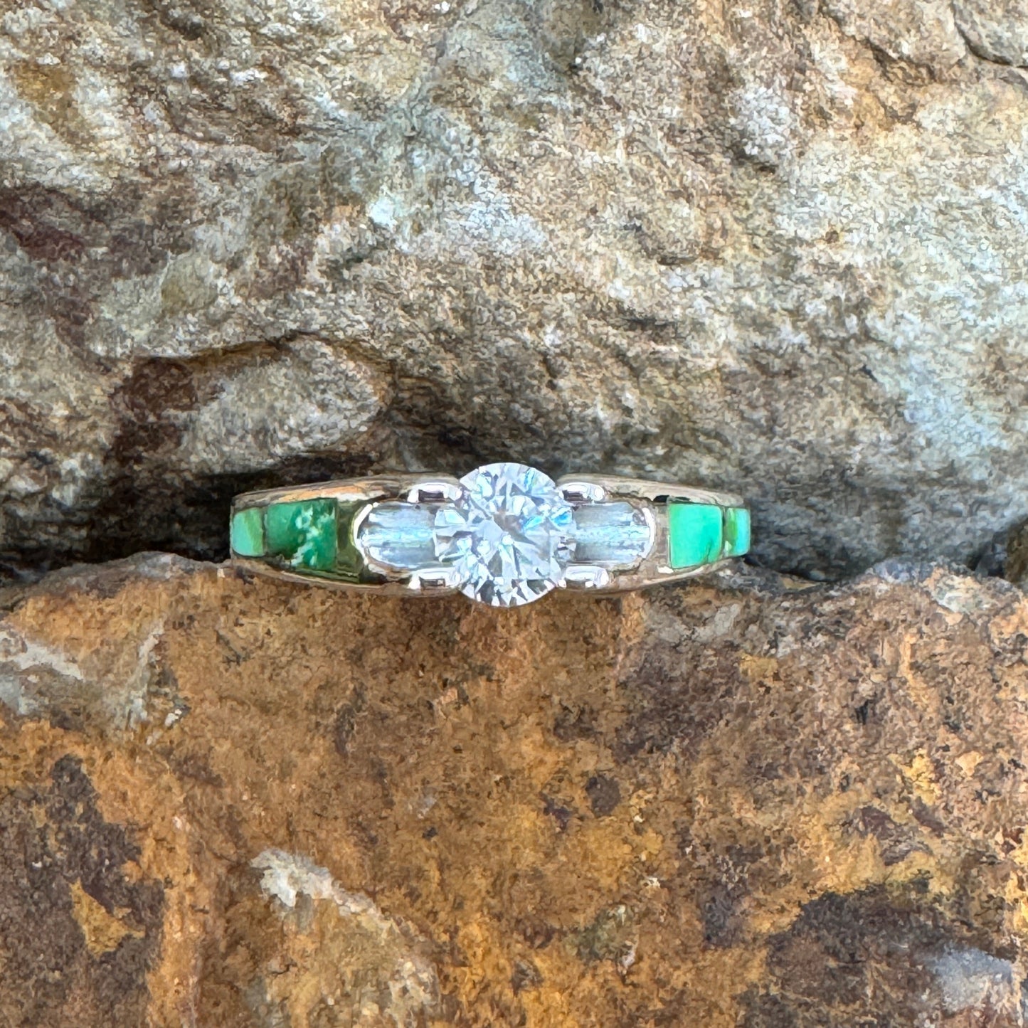 David Rosales Sonoran Gold Turquoise Inlaid Sterling Silver Ring w/ Cubic Zirconia