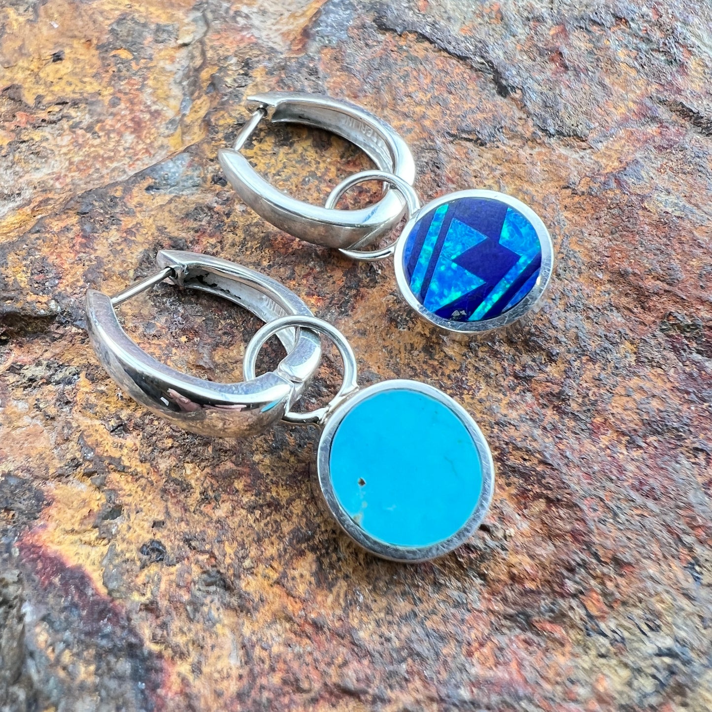 David Rosales Blue Sky Fancy Inlaid Sterling Silver Huggie Drop Earrings