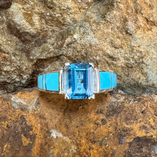 David Rosales Arizona Blue Inlaid Sterling Silver Ring w Blue Topaz
