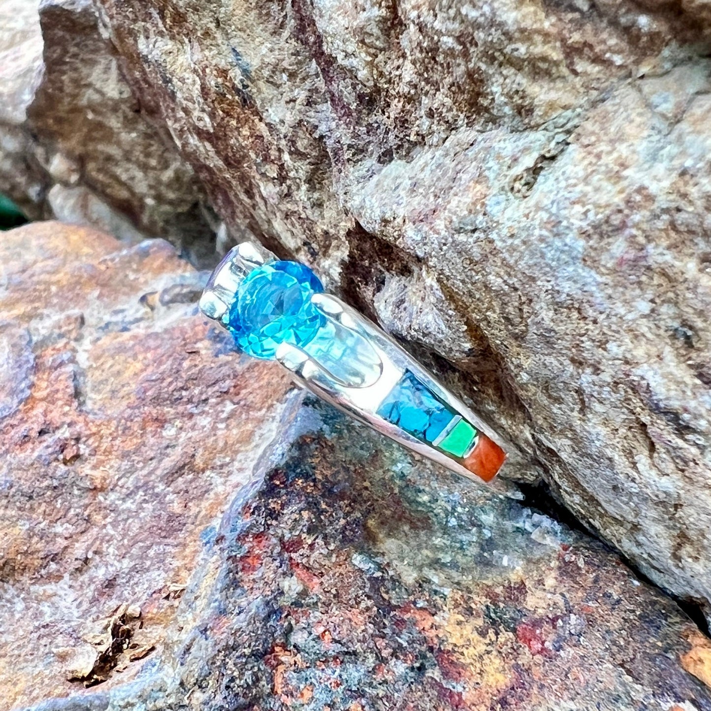 David Rosales Indian Summer Inlaid Sterling Silver Ring w/ Blue Topaz